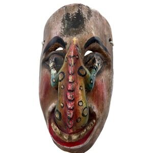 Vintage Hand Carved Wood Folk Art Mask Iguana Lizard Polychrome Wall Hanging